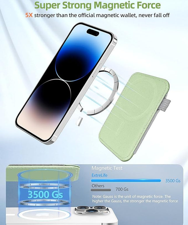ExtreLife For Magsafe Wallet, Strongest Magnetic Wallet for iPhone 17/16/15/14/13/12 Series, Magnetic Card Holder with 2 Card Slots, RFID Blocking, Vegan Leather, Hold 7 Cards, Light Green