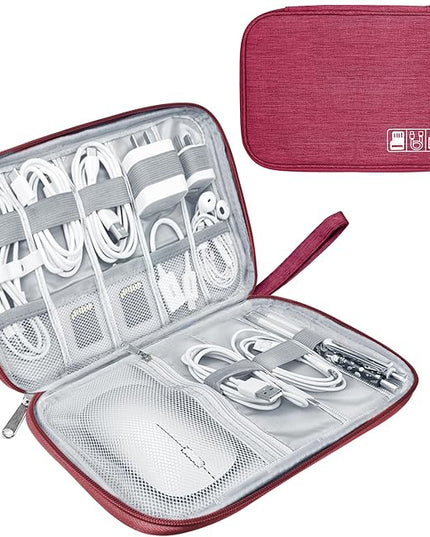 Electronics Travel Organizer,Portable Waterproof Electronic Travel Storage Bag for Small Charging Cord Storage,Charger,Small Electronics,SD Card etc,for Travel,Business -Wine Red
