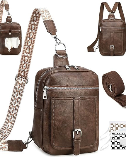 Sling Bag Crossbody Backpack - 2 in 1 Leather Cross Body Bag Fanny Pack with 2 Removable Straps