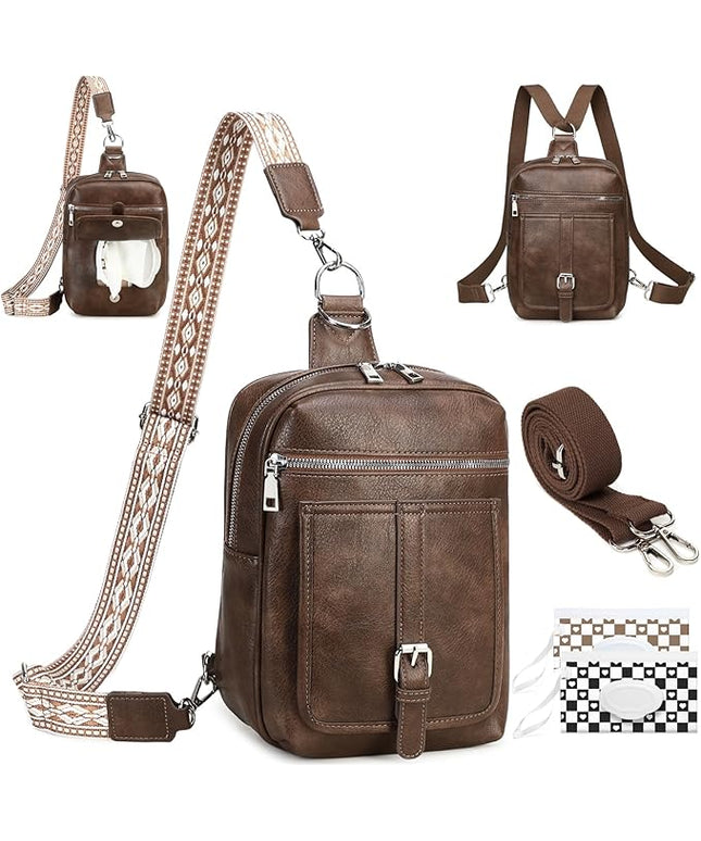 Sling Bag Crossbody Backpack - 2 in 1 Leather Cross Body Bag Fanny Pack with 2 Removable Straps