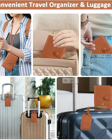 Passport Holder RFID Protected Wallet and Luggage Tag with Protection Cover Travel Accessories Leather Card Case Organizer for Women Men (Brown)