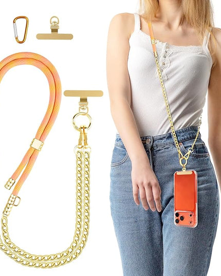 Crossbody Phone Lanyard, Adjustable Multicolor Braided Phone Strap and Phone Chain Strap Combination, Sturdy Metal Buckle and 360° Rotatable Phone Tether Tab,Yellow Pink