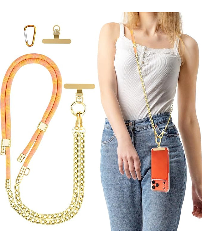 Crossbody Phone Lanyard, Adjustable Multicolor Braided Phone Strap and Phone Chain Strap Combination, Sturdy Metal Buckle and 360° Rotatable Phone Tether Tab,Yellow Pink