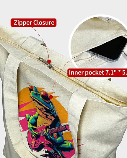 Tote Bag for Women, Reusable Zippered Canvas Bag with Handles Pocket Thick Canvas, for Grocery Shopping Beach Gift