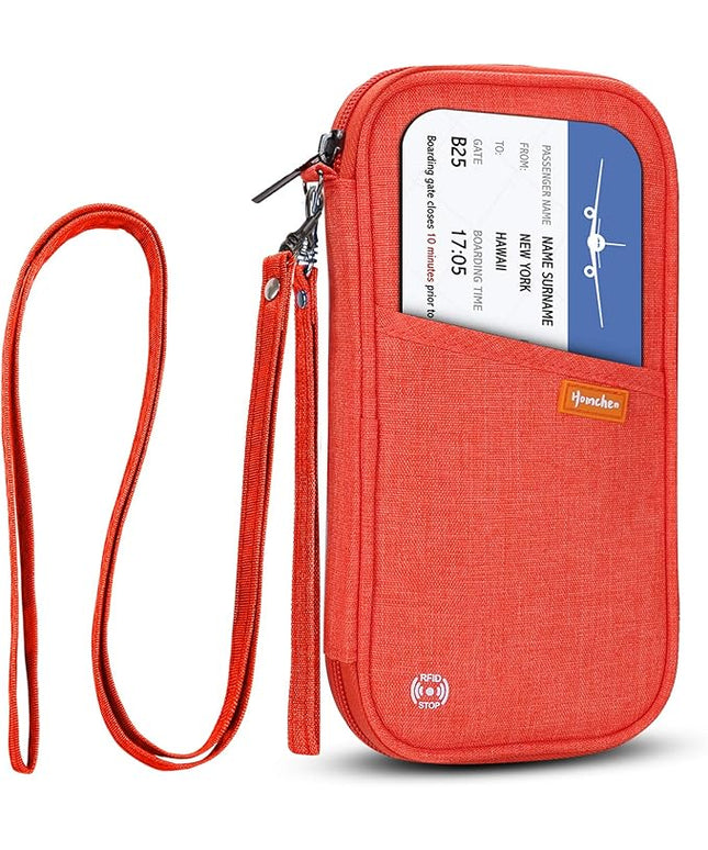 RFID Family Passport Wallet Holder Waterproof, Travel Document Organizer Credit Card Clutch Bag for Men Women (RFID Orange)