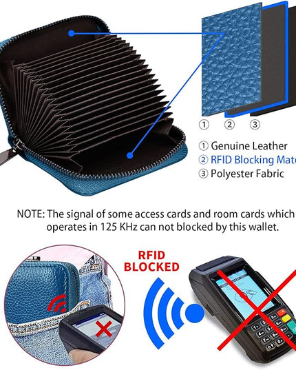 Linno RFID 20 Slots Credit Card Holder Genuine Leather Small Wallet for Women or Men with Zipper