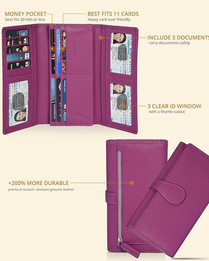 Real Leather Women Wallet Leather with RFID Blocking -Trifold Card Holder Designer Ladies Clutch with ID Window Wallets