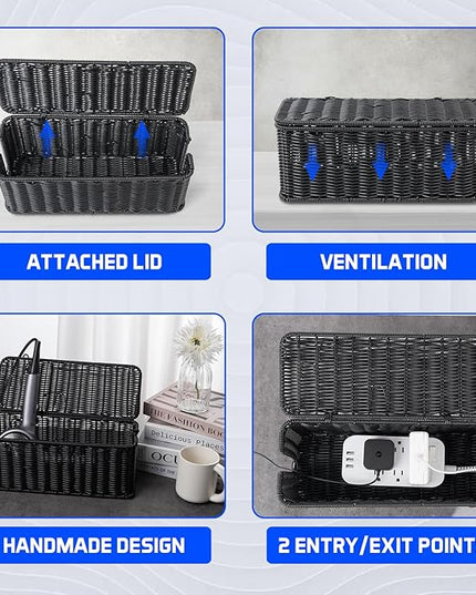 Cable Management Box, Handmade Rattan Cable Organizer with 2 Open Slots, Cord Hider for Power Strip, Router & USB Hub, Registered U.S. Design Patent (D1,112,102), 13" x 5.1" x 5.1", Black