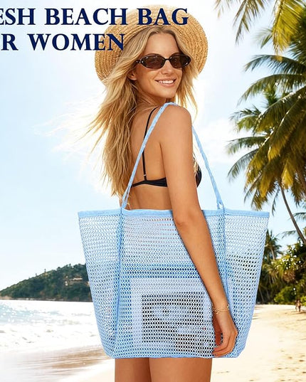 Mesh Beach Bag, Large Beach Tote with Zipper Pocket, Toys Pool Bag for Family Travel Vacation Cruise Essentials