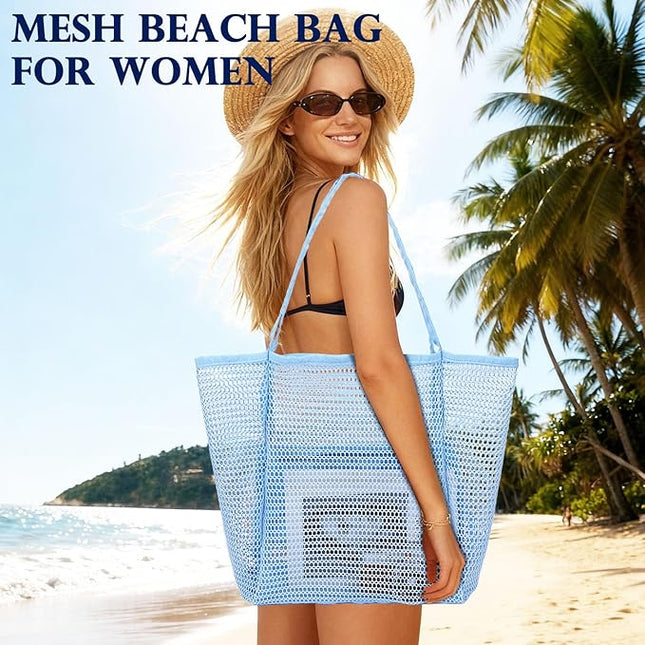 Mesh Beach Bag, Large Beach Tote with Zipper Pocket, Toys Pool Bag for Family Travel Vacation Cruise Essentials