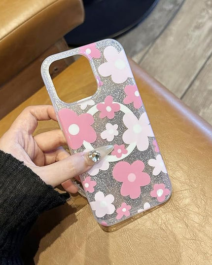 Compatible with iPhone 13 Pro Cases Cute Bling Sparkly Floral Phone case,Flower with Wrist Strap Design, Compatible MagSafe Silicone Shockproof Phone case for Women and Teenage Girls.