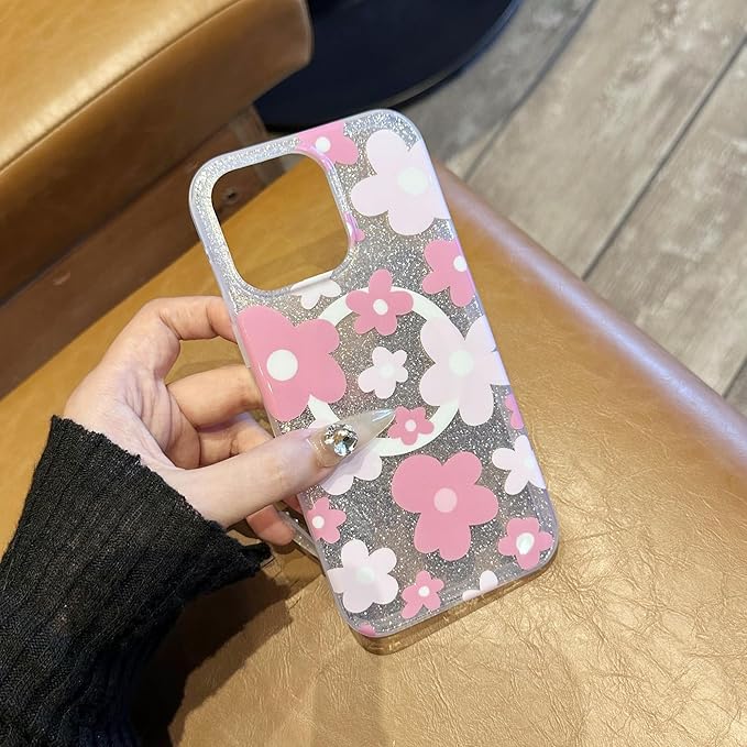 Compatible with iPhone 13 Pro Cases Cute Bling Sparkly Floral Phone case,Flower with Wrist Strap Design, Compatible MagSafe Silicone Shockproof Phone case for Women and Teenage Girls.