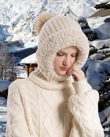 HUAMULAN Women Winter Beanie Hats One Piece Fleece Lined Knit Balaclavas Mask Set Skull Neck Circle Scarf Ski Snow Hat Pompom