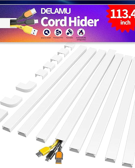 Delamu Cord Covers for Wires on Wall, 113.4in TV Cord Hider, Self-adhesive Cable Hider Cable Cover Raceway, Paintable Wire Hider Wire Covers for Cords, Hide Cords Wall Mounted Tv, W0.95×H0.55in, White