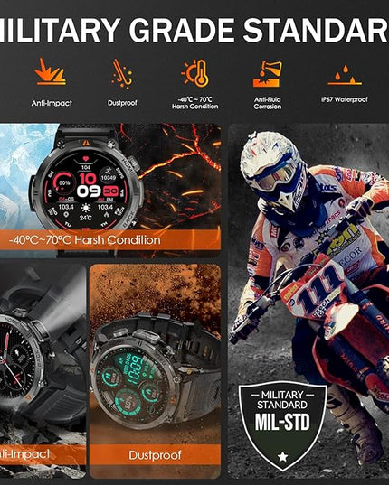 Military Smart Watch for Men with LED Flashlight 1.45” Rugged 3ATM Waterproof Smart Watch with 100+ Sports Modes Fitness Tracker with Heart Rate Sleep Monitor Tactical Smartwatch for iPhone Android