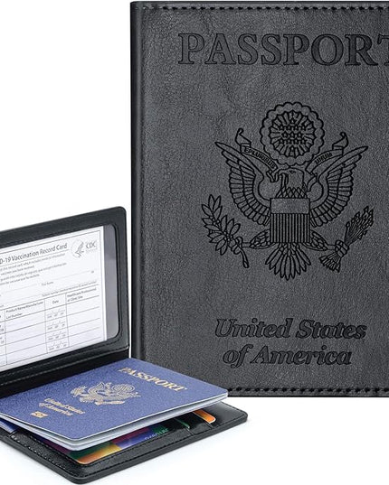 Passport Holder Cover Wallet Case RFID Blocking Leather Card Slot Travel Accessories Documents Organizer Protector for Women Men, Black