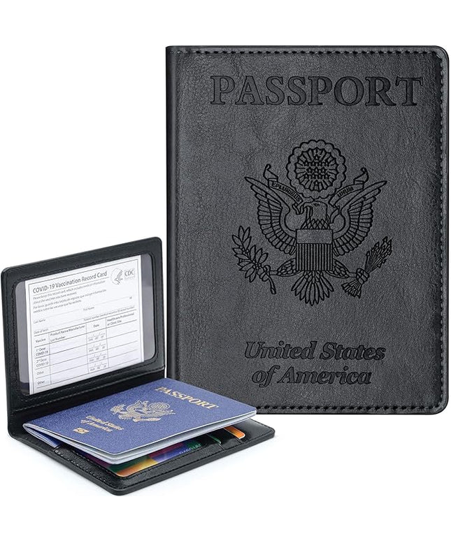 Passport Holder Cover Wallet Case RFID Blocking Leather Card Slot Travel Accessories Documents Organizer Protector for Women Men, Black
