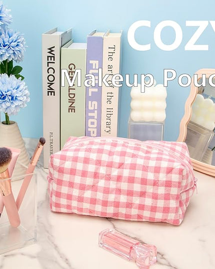 PAZIMIIK 2PCS Cozy Makeup Bag Travel Cosmetic Bag for Women Soft Toiletry Bag Aesthetic Makeup Organizer Portable Large Zipper Pouch for Skincare Beauty Accessories Brushes Pink Checkered