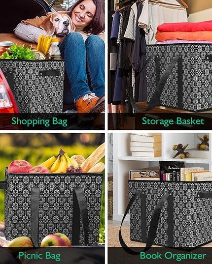 WISELIFE Reusable Grocery Bags [2 Pack],Large Grocery Tote Bag Water Resistant Shopping Bags Foldable Grocery Bag for Clothes,Shoes and Picnic,Black