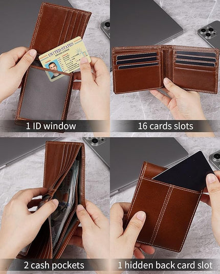 Swallowmall Mens Wallet Rfid Blocking Genuine Leather Bifold Wallets with 1 ID Window 15 Card Slots