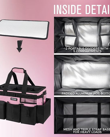 Wearable Cleaning Caddy Bag, Cleaning Caddy Supplies Organizer with Handle & Shoulder Straps for Housekeepers, Under Sink & Car Cleaning Tool Organizers with 4 Foldable Divider (SweetPink)