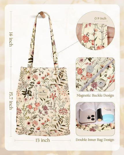 Corduroy Tote Bag for Women - Reusable Totes with Pocket & Buckle Cute Aesthetic Shoulder Bag for Work Travel