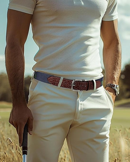 Mile High Life Golf Belts for Men, Canvas Belt with Genuine Leather Tips, Embroidered 2 Layer Web Belt with Pin Buckle