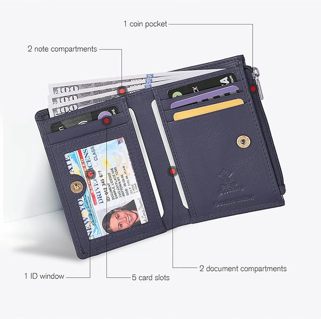 Oak Leathers Leather Wallet For Women - Small RFID Coin Purse Credit Card & ID Holder for Ladies, Gift for Women's, Bifold Wallets (Nappa Blue)
