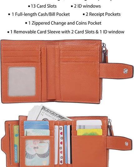 AINIMOER Women's RFID Blocking Leather Small Compact Bi-fold Zipper Pocket Wallet Card Case Purse with id Window