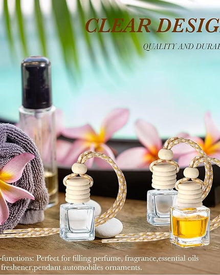 BBTO 200 Pcs Hanging Car Diffuser Bottles Bulk, Empty Clear Glass Air Freshener Bottles with Wooden Cap for Perfume Essential Oils Fragrance Aromatherapy Ornament(Cube)