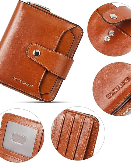 BOSTANTEN Leather Wallets for Women RFID Blocking Zipper Pocket Small Bifold Wallet Card Case Brown