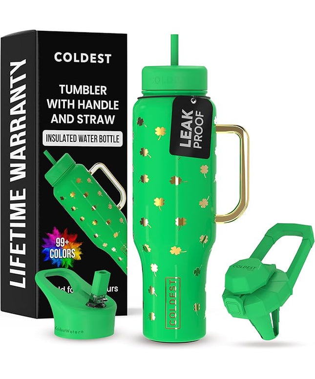 Coldest Tumbler with Handle and Straw - 100% Leak Proof Insulated Tumbler with Lid and Straw (3 Lids) - Stainless Steel Tumblers for Women & Men - Cup Holder Friendly Base, 46 oz (Lucky)