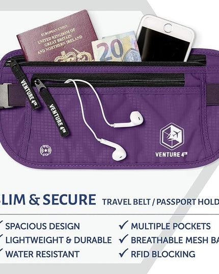 VENTURE 4TH Money Belt for Travel – Hidden Under-Clothes RFID Blocking Passport Holder & Slim Travel Wallet Pouch for Men & Women to Protect Cash, Cards & Documents (Purple)