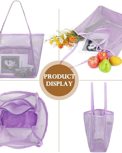 Mesh Beach Bag, Large Beach Tote with Zipper Pocket, Toys Pool Bag for Family Travel Vacation Cruise Essentials