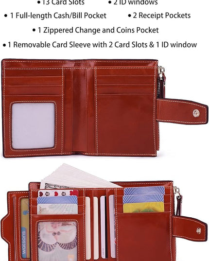 AINIMOER Women's RFID Blocking Leather Small Compact Bi-fold Zipper Pocket Wallet Card Case Purse with id Window