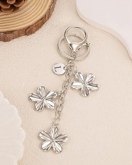 XGALBLA Gold/Silver Initial Keychain Flower Charms for Key Cute Letter Keyring for Purse Handbag Backpack