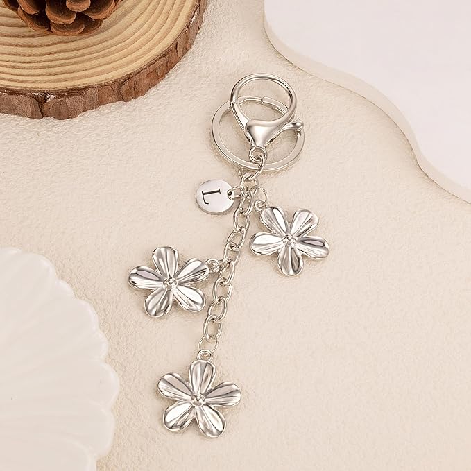 XGALBLA Gold/Silver Initial Keychain Flower Charms for Key Cute Letter Keyring for Purse Handbag Backpack