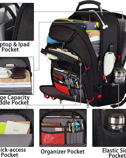 Laptop Backpack, Red, 55L Capacity, TSA Approved, RFID Anti-Theft, USB Charging Port, Headphone Hole, Back Luggage Strap, Chest Strap, Laptop Backpack