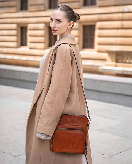 Iswee Leather Crossbody Bags for Women Multi Pockets Medium Shoulder Bag Lightweight Functional Travel Purse