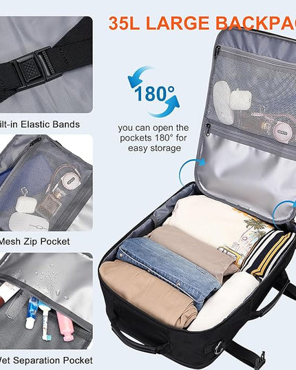 PIJUSHI Travel Backpack for Women Men Flight Approved Carry on Bag 16 inch Laptop Personal Item Daypack with Shoe Compartment(PE038 Black)