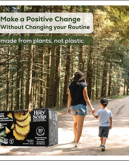 Large Slim Compostable Trash Bags - 8-10 Gallon, 30 Pack | Plastic-Free Tall Kitchen Garbage Bags & Liners with Easy-Tie Handles | Thick Bin Bag Liners for Green & Food Waste
