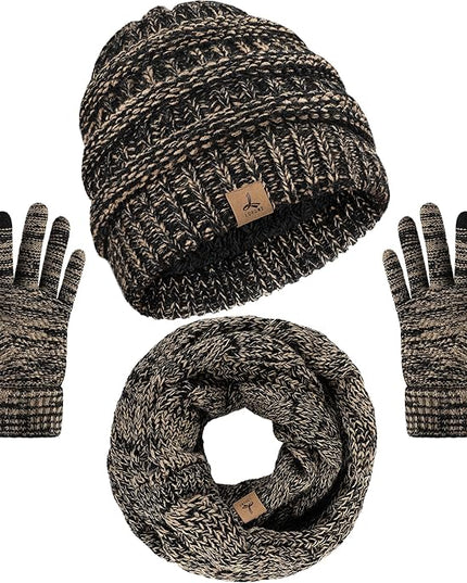 Winter Beanie Hat Scarf Gloves, Warm Fleece Knit Hats Touch Screen Gloves Neck Scarf Set Winter Gifts for Unisex Adult