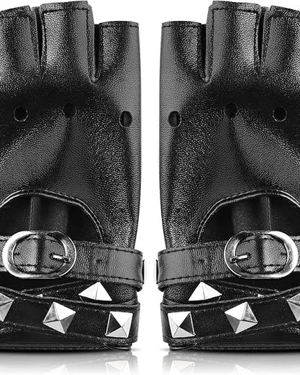Accmor Leather Punk Gloves Fingerless Gloves for Women Driving Cycling Sports Cosplay Performance Half Finger Gloves for Women Teens Kids