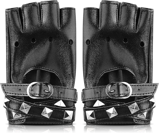 Accmor Leather Punk Gloves Fingerless Gloves for Women Driving Cycling Sports Cosplay Performance Half Finger Gloves for Women Teens Kids