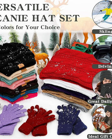 Winter Beanie Hat Scarf Gloves, Warm Fleece Knit Hats Touch Screen Gloves Neck Scarf Set Winter Gifts for Unisex Adult