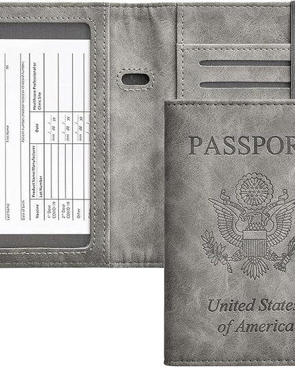 HerriaT Passport and Vaccine Card Holder Combo,Cover Case with CDC Vaccination Card Slot, Leather Travel Documents Organizer Protector, with RFID Blocking, for Women and Men