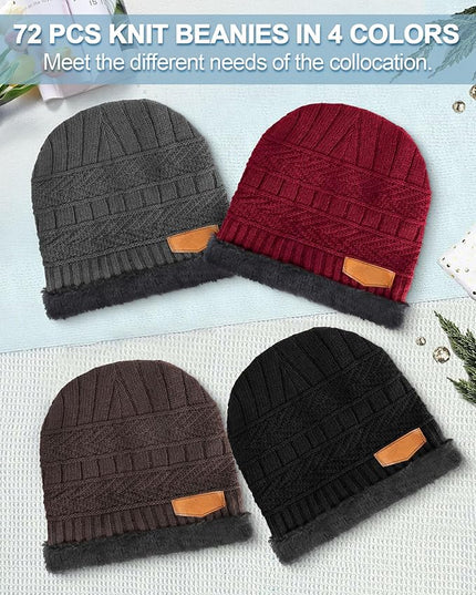 Geyoga 72 Pieces Winter Knit Beanie Hats Bulk for Homeless Fleece Lined Beanie Warm Beanie Cap Winter Knit