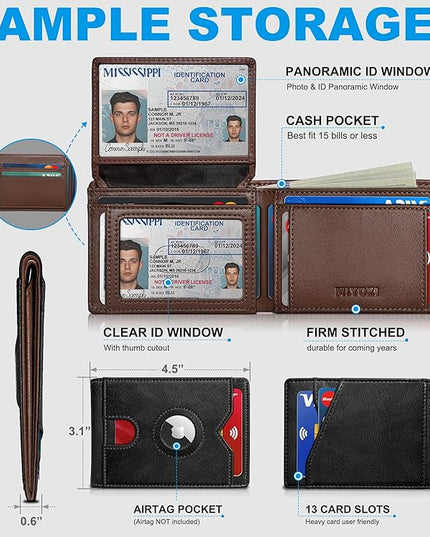 miyozi Airtag Wallet for Men,with Cash Pocket 2 ID Window 13 Cards,Slim Leather Wallet Front Pocket Card Holder RFID Blocking with Gift Box
