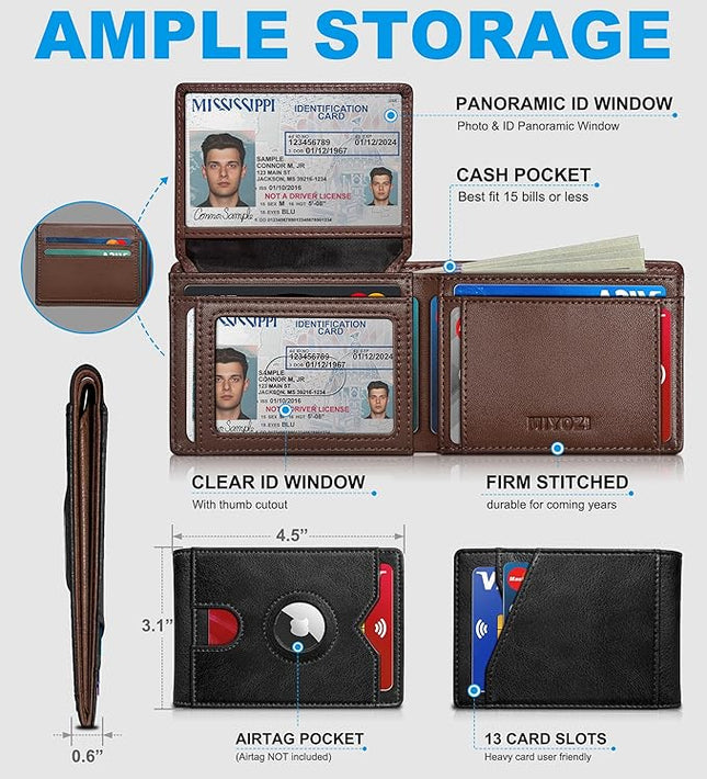 miyozi Airtag Wallet for Men,with Cash Pocket 2 ID Window 13 Cards,Slim Leather Wallet Front Pocket Card Holder RFID Blocking with Gift Box