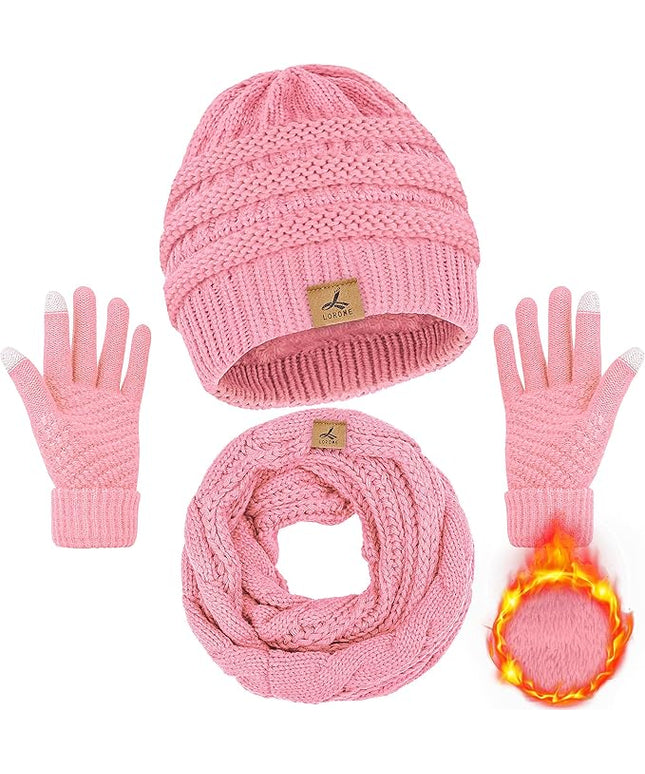Winter Beanie Hat Scarf Gloves, Warm Fleece Knit Hats Touch Screen Gloves Neck Scarf Set Winter Gifts for Unisex Adult